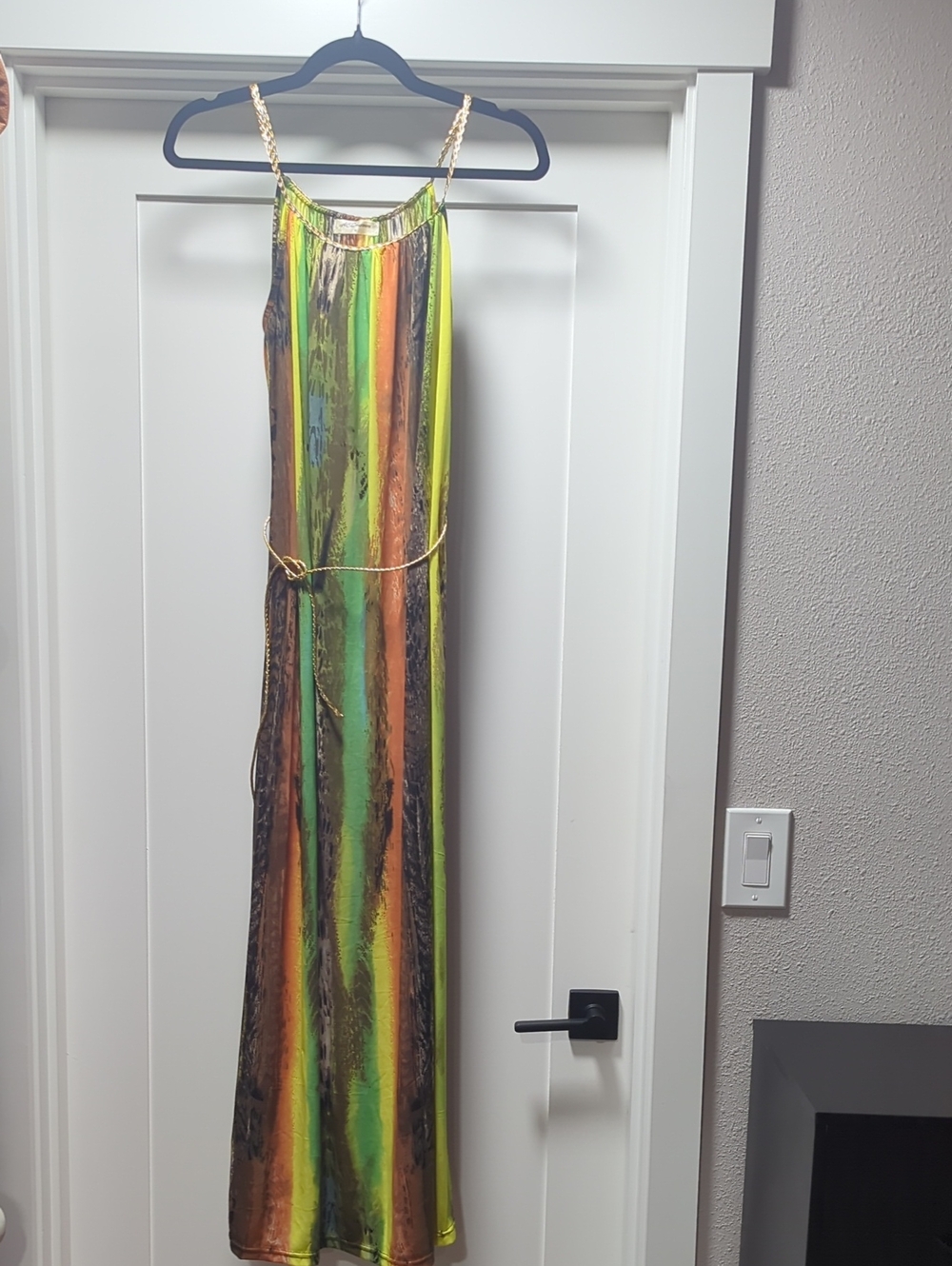 Striped Green Multi Maxi Dress with Gold Rope Belt